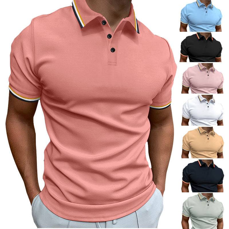 Men's Slim Polo Shirt Rib Striped T-shirt Top - globaltradeleader