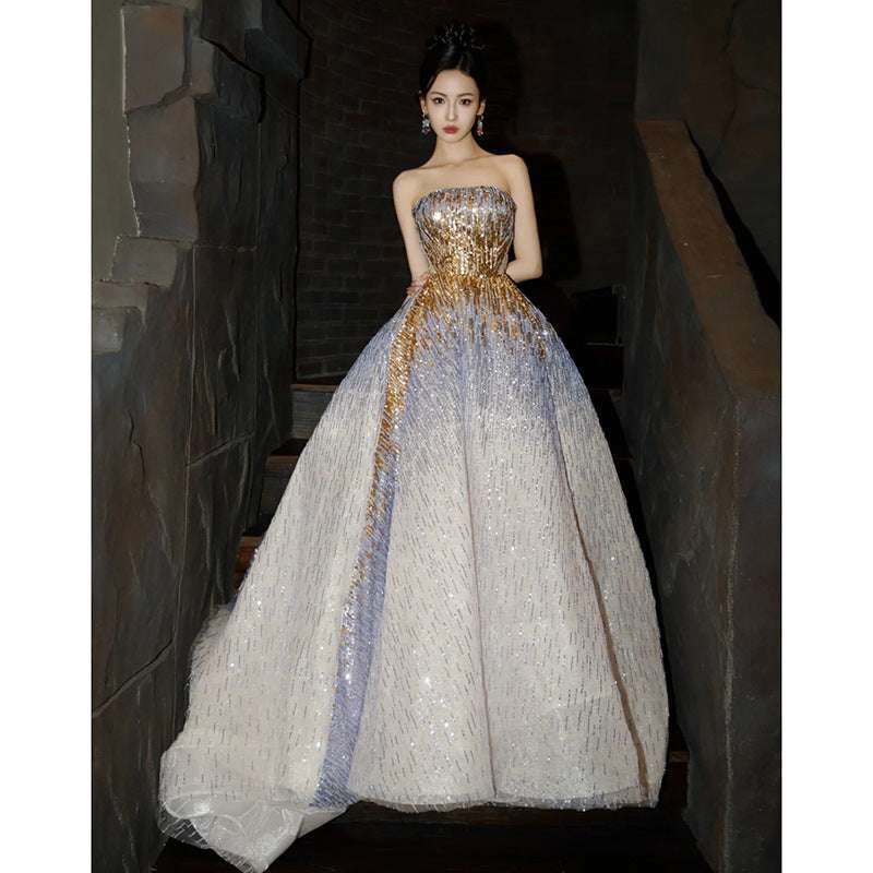 Purple Tube Top Light Miniature High-end Banquet Embossed Toast Dress - globaltradeleader