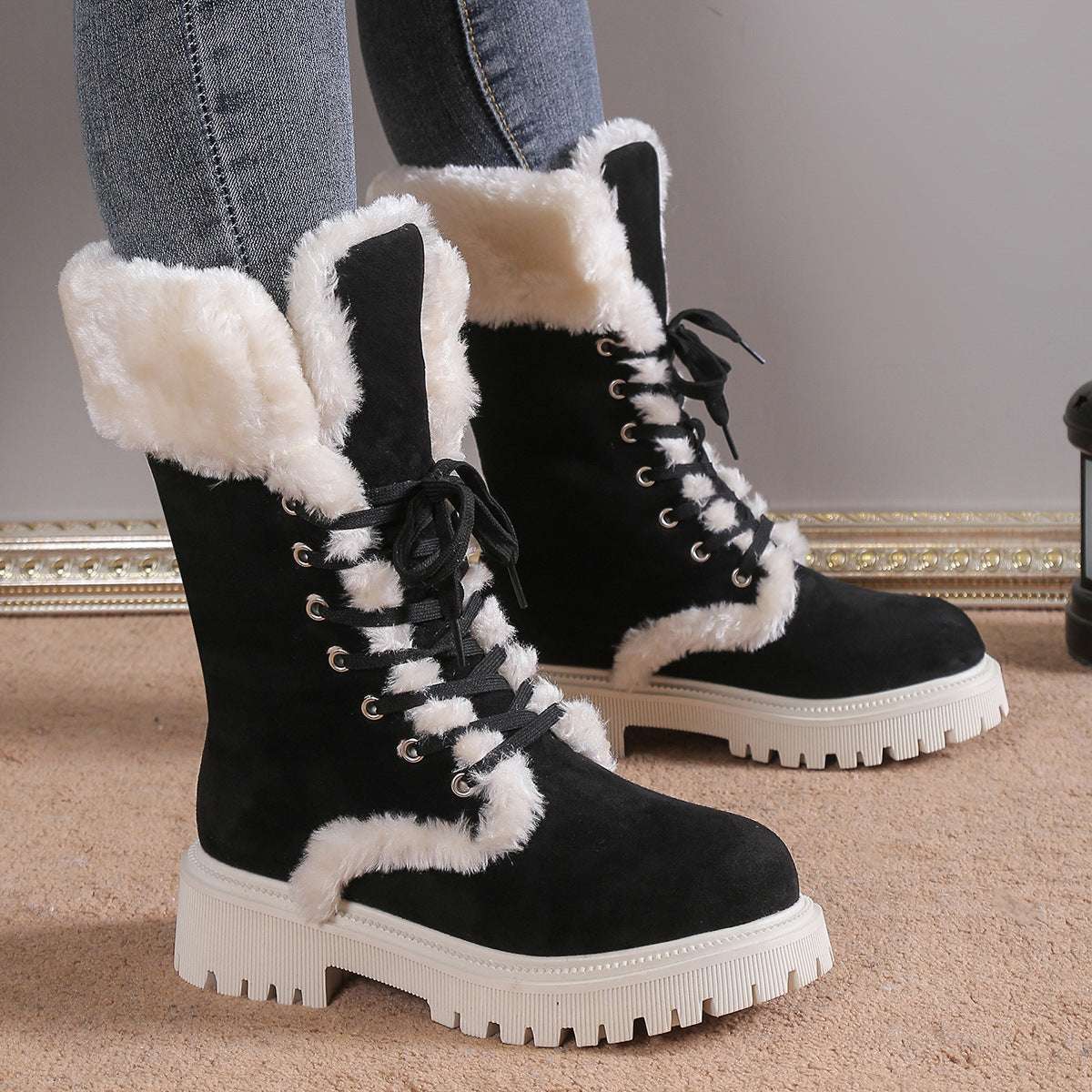 Winter Lace-up Snow Boots For Women Mid-tube Fleece Shoes Warm Chunky Heels Plush Boot - globaltradeleader