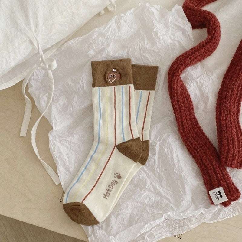 Autumn And Winter Puppy Embroidery Tube Socks Flanging Cartoon Sausage Dog Vertical Bar Bunching Socks - globaltradeleader