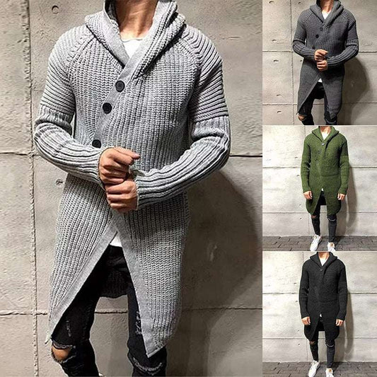 Long Knitted Hooded Sweater Coat Men Solid Color Button Casual Clothes - globaltradeleader