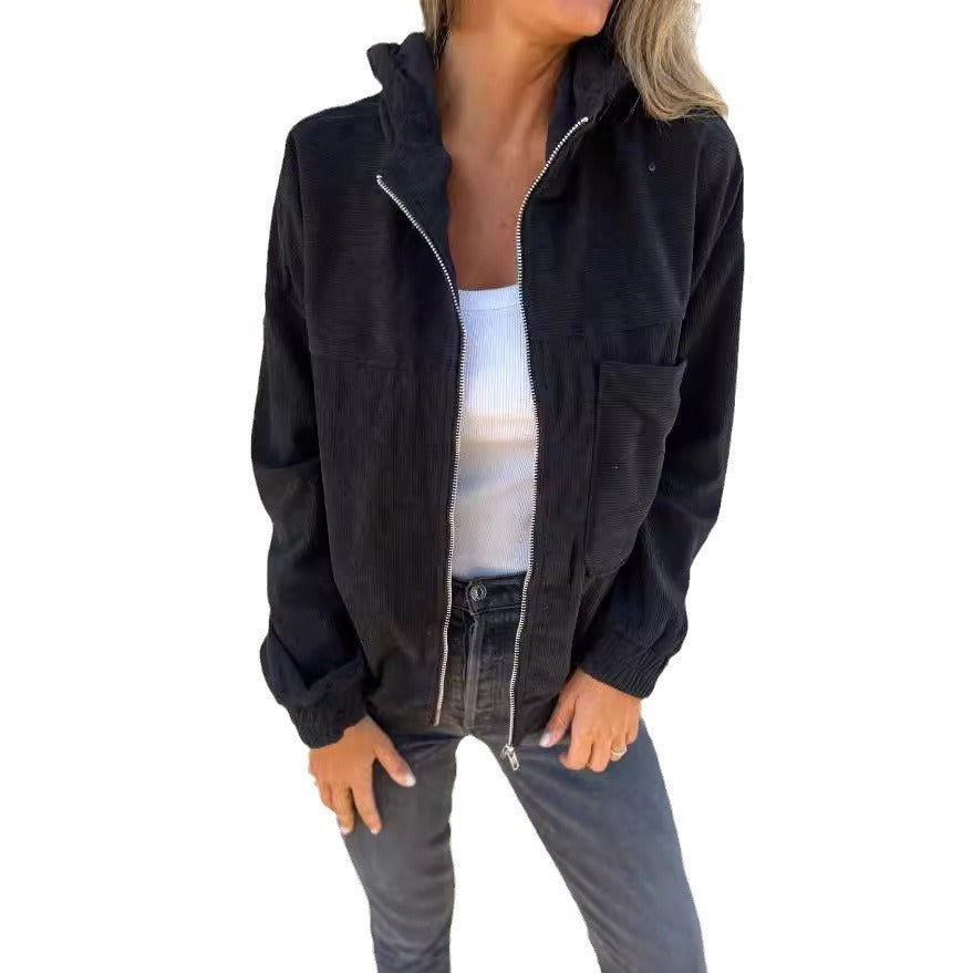Women's Solid Color Simple Corduroy Hooded Jacket - globaltradeleader
