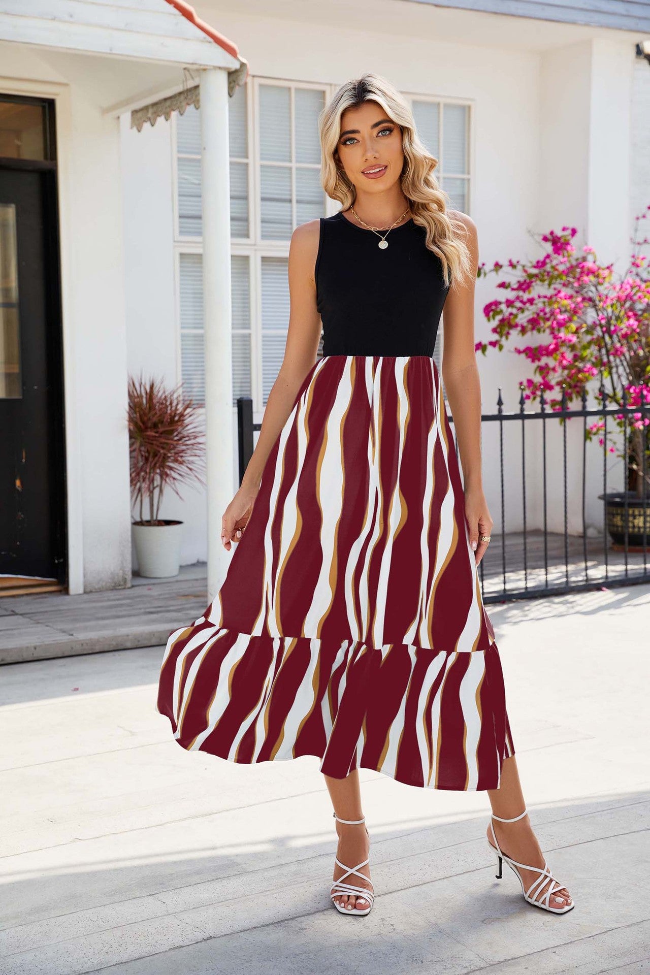 Round Neck Sleeveless Long Dress Summer Fashion Striped Print Dresses Womens Clothing - globaltradeleader