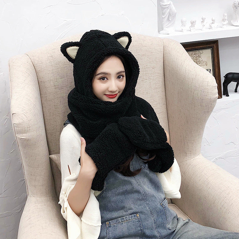 Autumn And Winter Korean Fashion Hat Scarf Gloves Women's Cute Cat Ear Scarf Cap