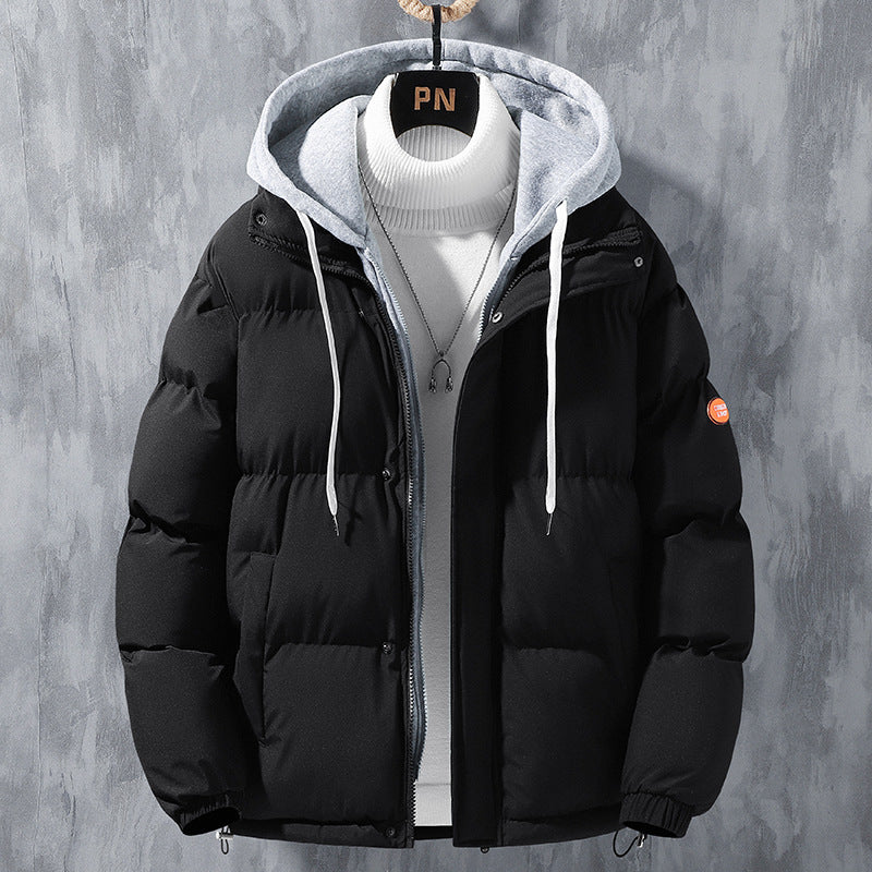 Fashion Hooded Jacket Men Winter Windproof Thickened Fake Two-piece Coat Solid Leisure Sports Cotton Jacket - globaltradeleader