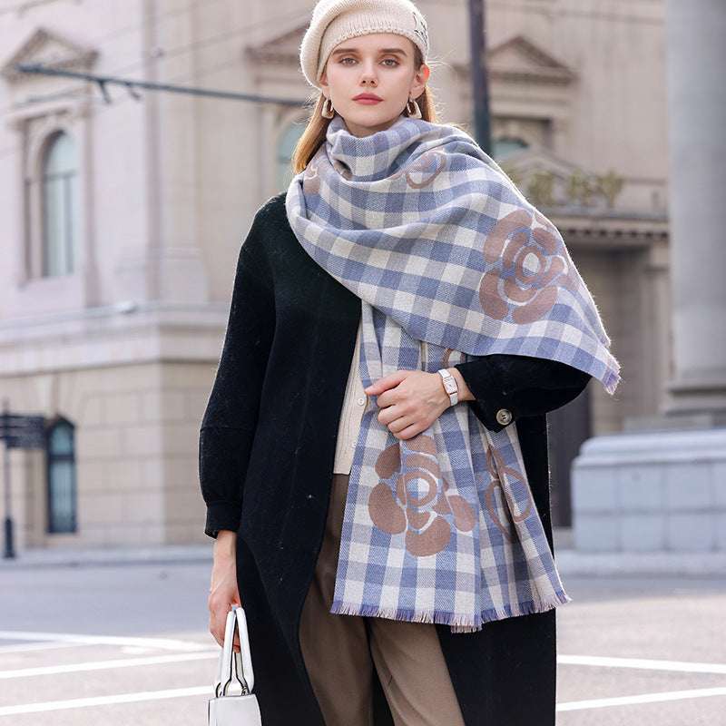 High-grade Cold Protection In Autumn And Winter Thermal Plaid Scarf Printed Tassel Mid-length Shawl - globaltradeleader