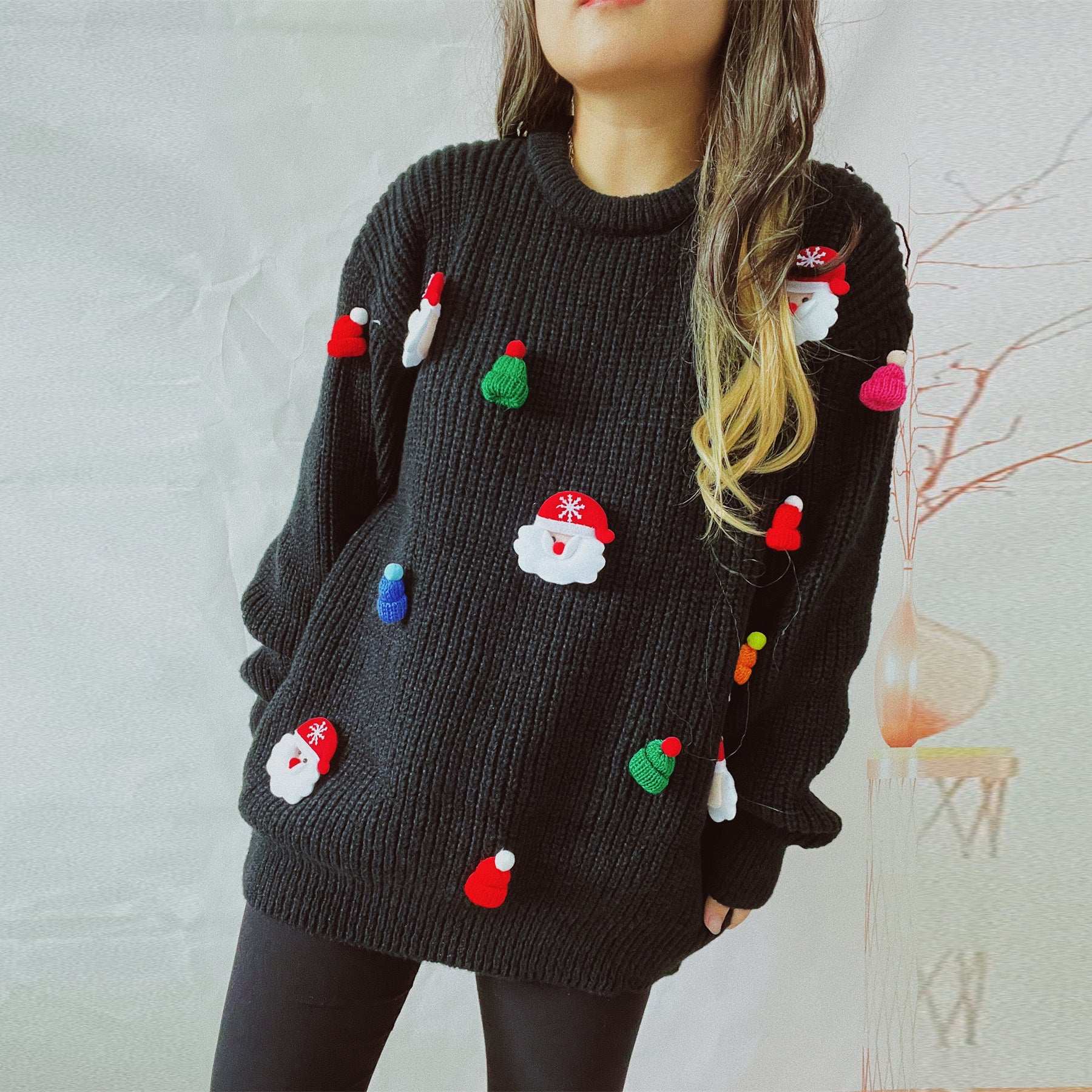 Women's Cute Fashion Santa Claus Three-dimensional Decoration Round Neck Long Sleeve Sweater - globaltradeleader