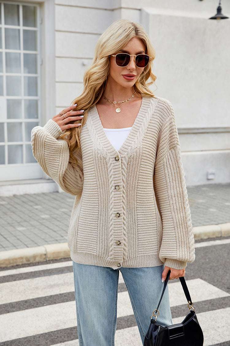 Women's Loose Long-sleeved V-neck Twisted Knitted Sweater Coat