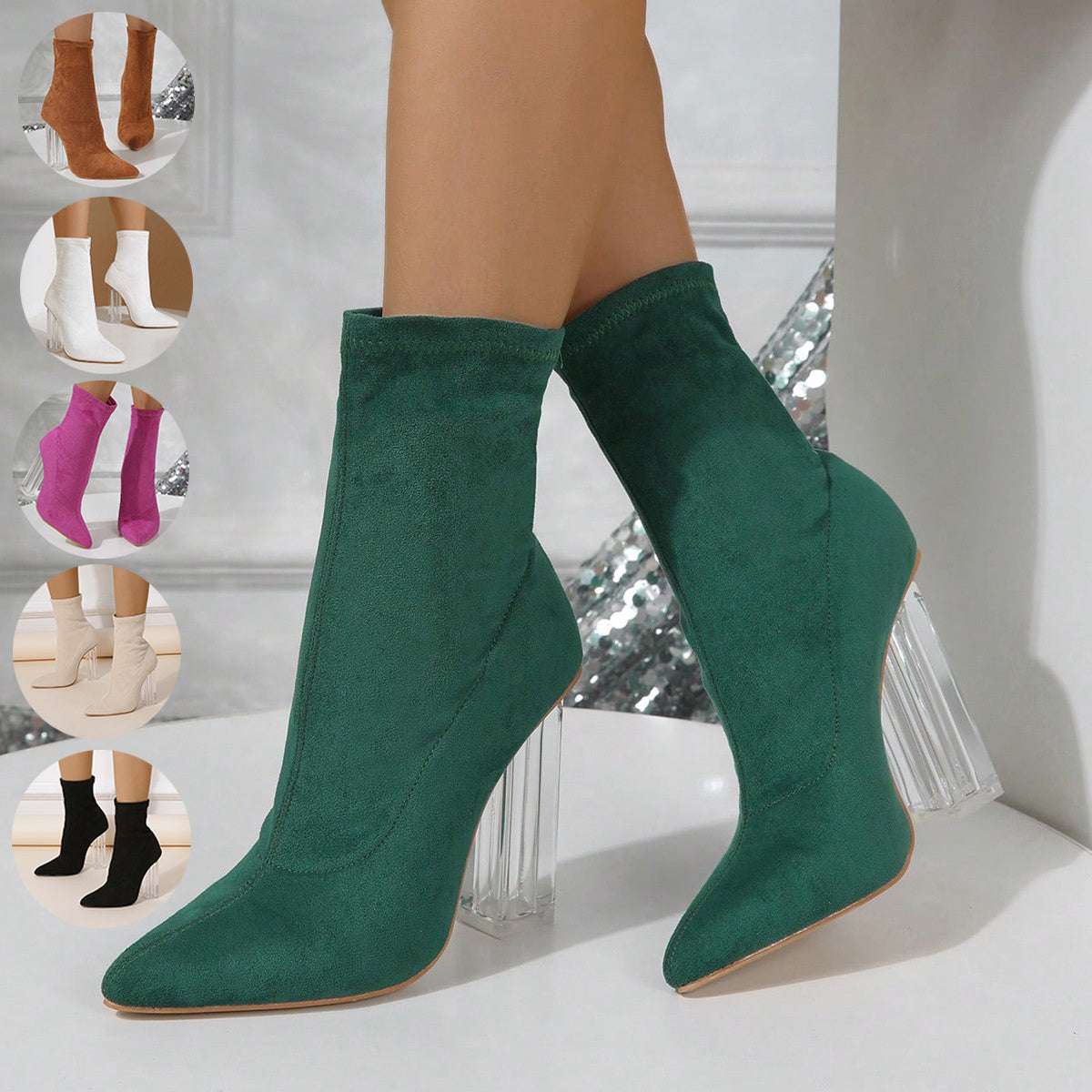 New Crystal Heel Boots Fashion High-heeled Party Shoes For Women Elastic Mid-calf Slim-foot Boots Autumn And Winter - globaltradeleader