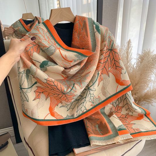 Artificial Cashmere Scarf Women's Elegant New Maple Leaf Printed Shawl