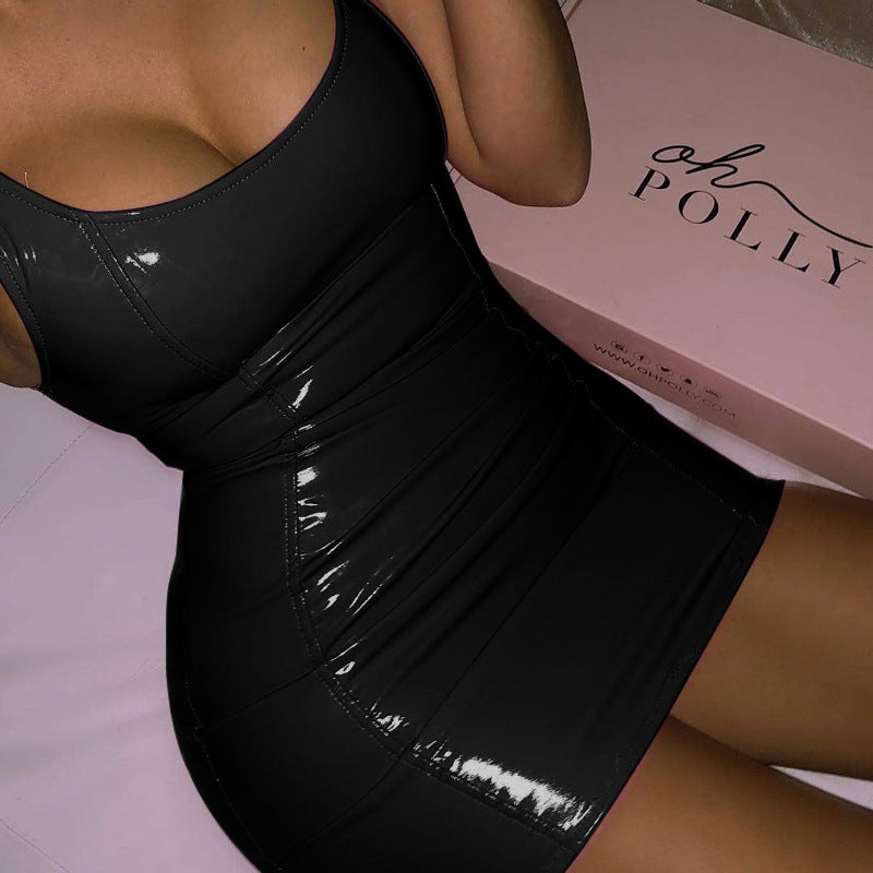 Solid Color Sling Dress Female Sexy Tight Leather Hip Skirt Party Festival Dresses - globaltradeleader