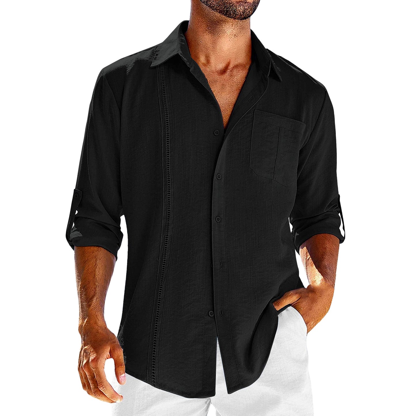 Casual  Long Sleeve Shirt With Pocket Lace Polo Collar Solid Color Button Mens Clothing - globaltradeleader