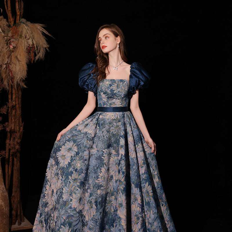Light Luxury Minority Princess Court Oil Painting Style Tube Top Blue Evening Dress - globaltradeleader