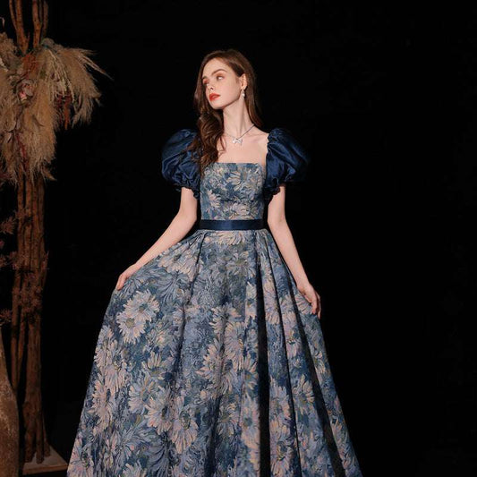 Light Luxury Minority Princess Court Oil Painting Style Tube Top Blue Evening Dress - globaltradeleader