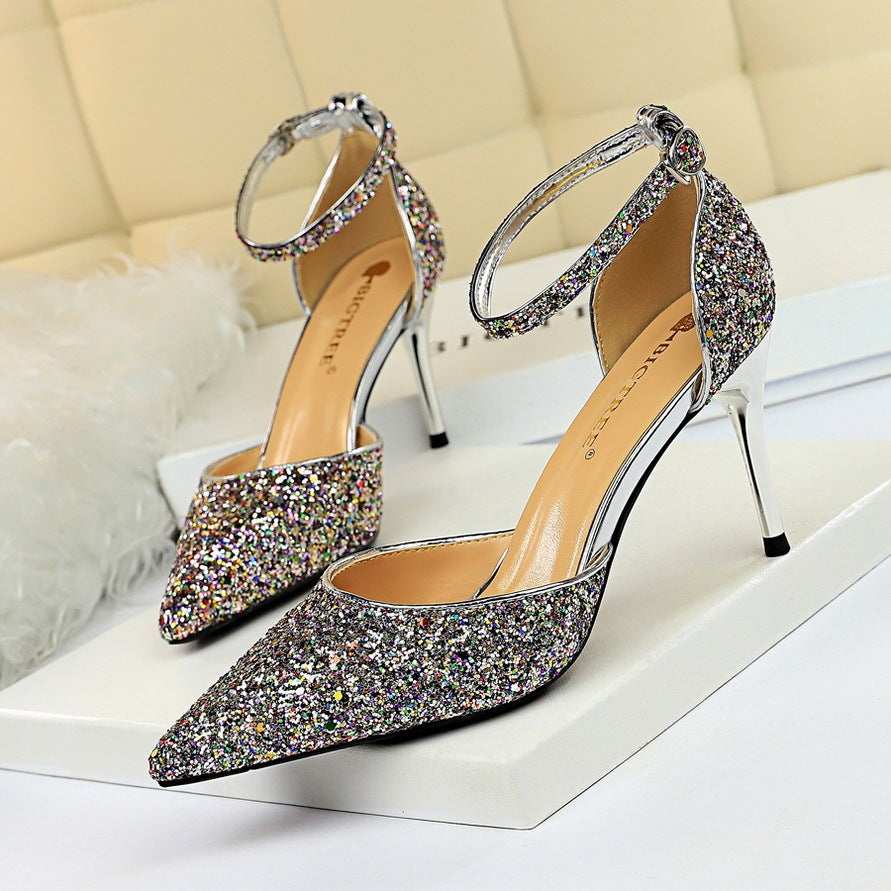 European and American style stiletto high-heeled shallow mouth pointed toe hollow sequin sexy nightclub slimming word with female sandals - globaltradeleader