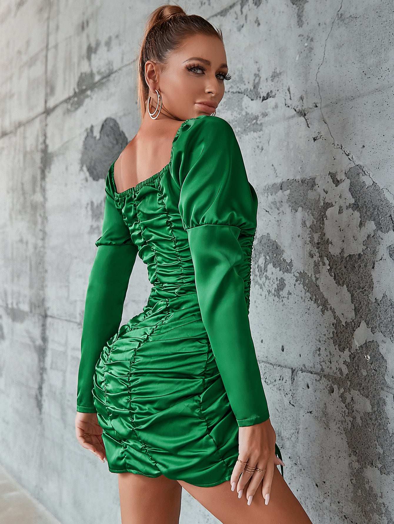 New Satin Square Neck Gathered Hip Skirt Puff Sleeve Dance Floor Party Skirt