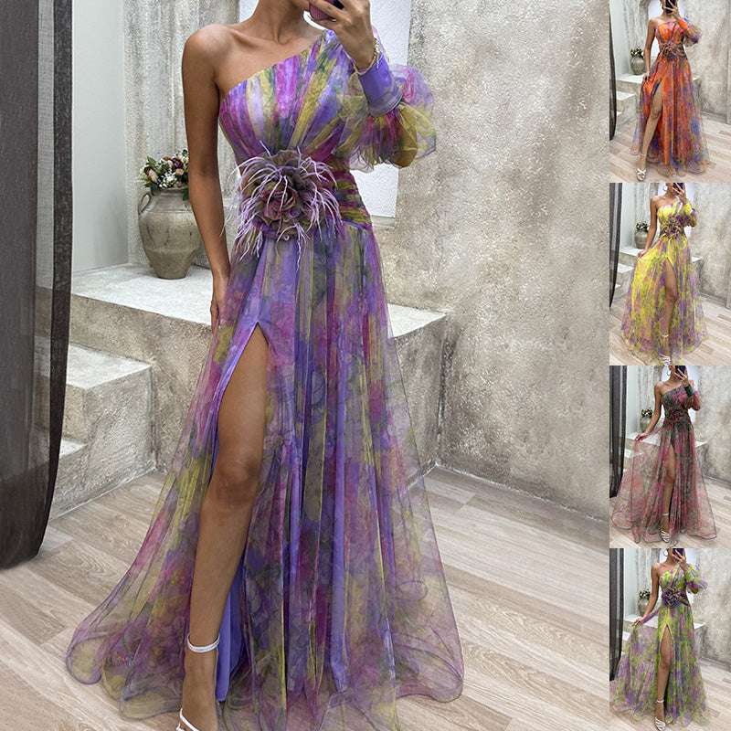 Mesh Tie-dye Printed Off-shoulder Slit Dress Summer INS Fashion Long Dress Party Womens Clothing - globaltradeleader
