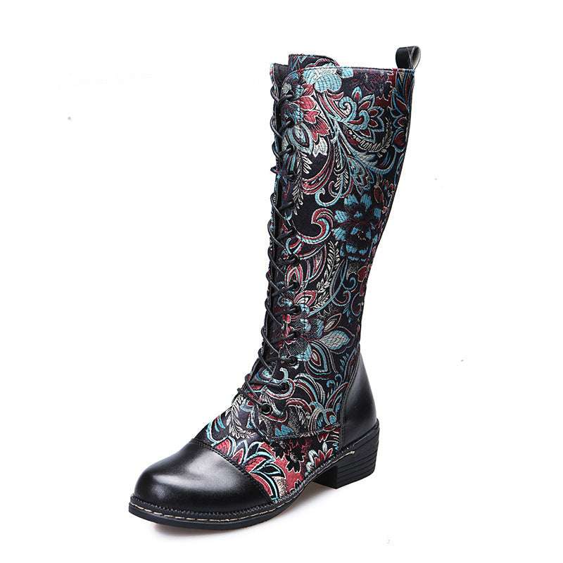 Flowers Print Long Boots WInter Retro Ethnic Style Shoes Lace-up Heeled Boots Women - globaltradeleader