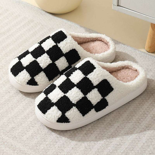 Checkerboard Print Slippers Winter House Shoes Men And Women Couple Home Floor Warm Cotton Slippers - globaltradeleader