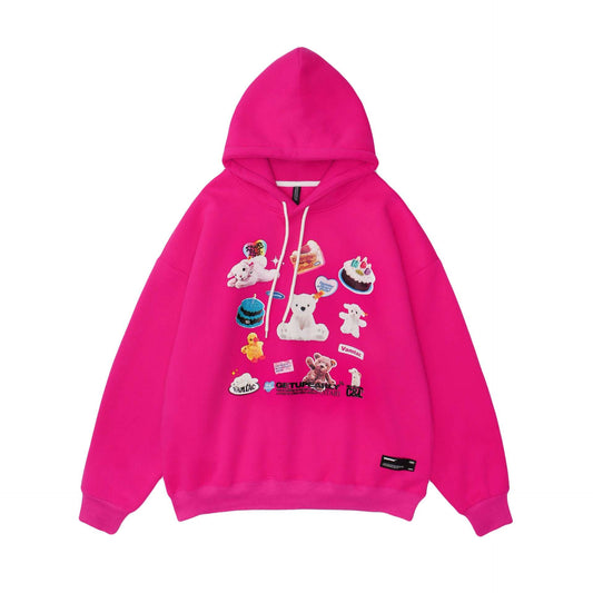 Funny Cartoon Print Tide Brand Casual Hooded Plus Fleece Sweater