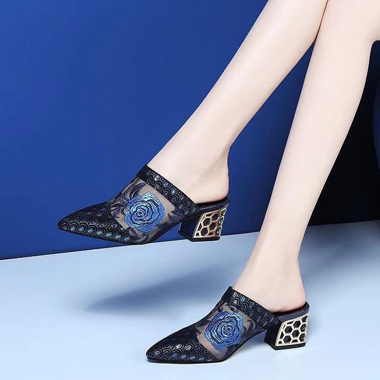 Ethnic Wind Rhinestone Mid-heel Mesh Slippers - globaltradeleader