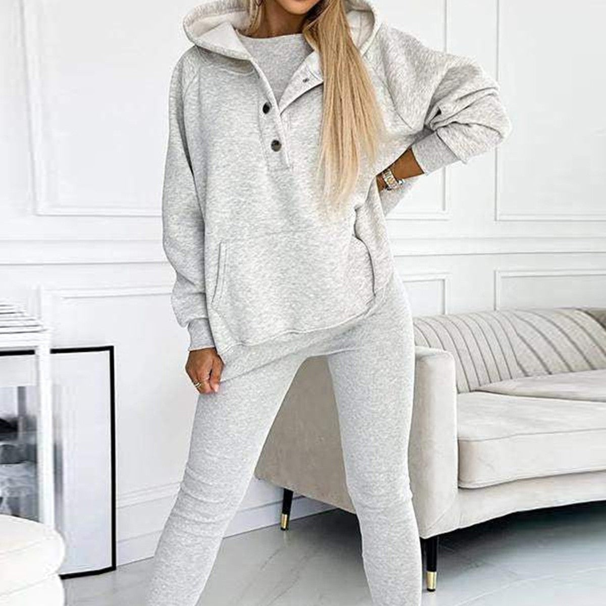 3pcs Women's Sports Suit Loose Hooded Pockets Sweatshirt And Vest And Slim Trousers - globaltradeleader