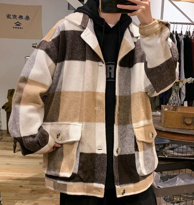 Men's Autumn And Winter Warm Plaid Wool Loose Jacket