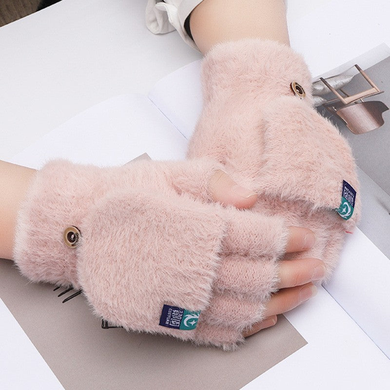 Plush Gloves Female Winter Warm Student Exposed Finger Flip Gloves Household - globaltradeleader