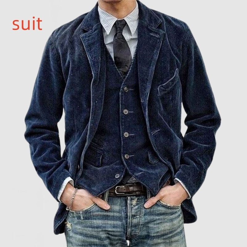 Corduroy Jacket Winter Solid Color Casual Blazer Fashion Warm Men Coat - globaltradeleader