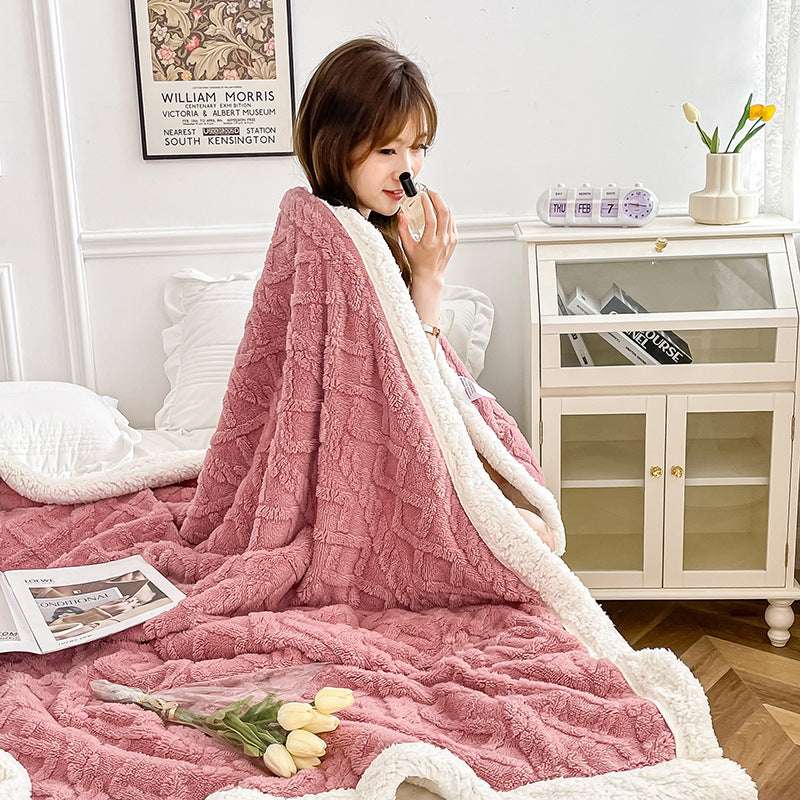 Blanket Thickening Double Layer Lambswool Solid Color Coral Fleece