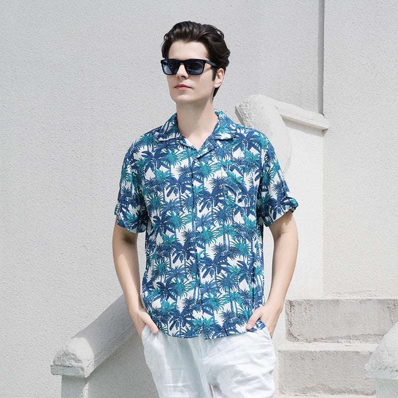 Men's Shirt Rayon Printed Cardigan Short Sleeve Beach Shirt - globaltradeleader