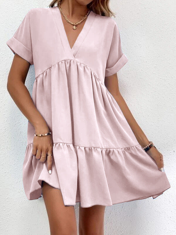 New Short-sleeved V-neck Dress Summer Casual Sweet Ruffled Dresses Solid Color Holiday Beach Dress For Womens Clothing - globaltradeleader