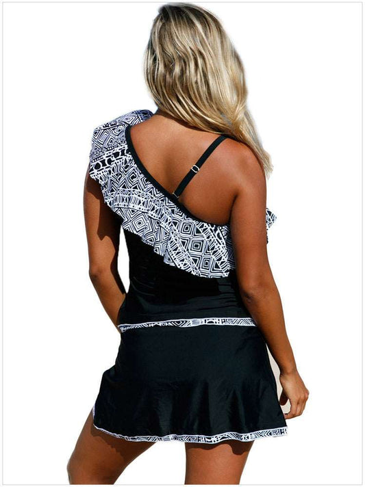 Geometric Print Ruffled Beach Skirt Split Swimsuit - globaltradeleader