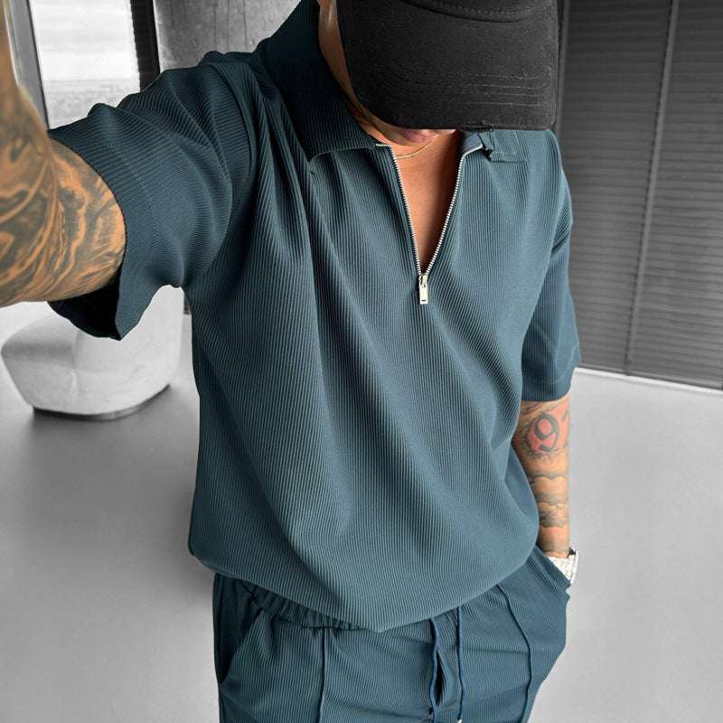 Summer Fashion Mens Clothing  Men's Suits New Zipper Polo Casual Short Sleeve Drawstring Shorts Men's Set - globaltradeleader