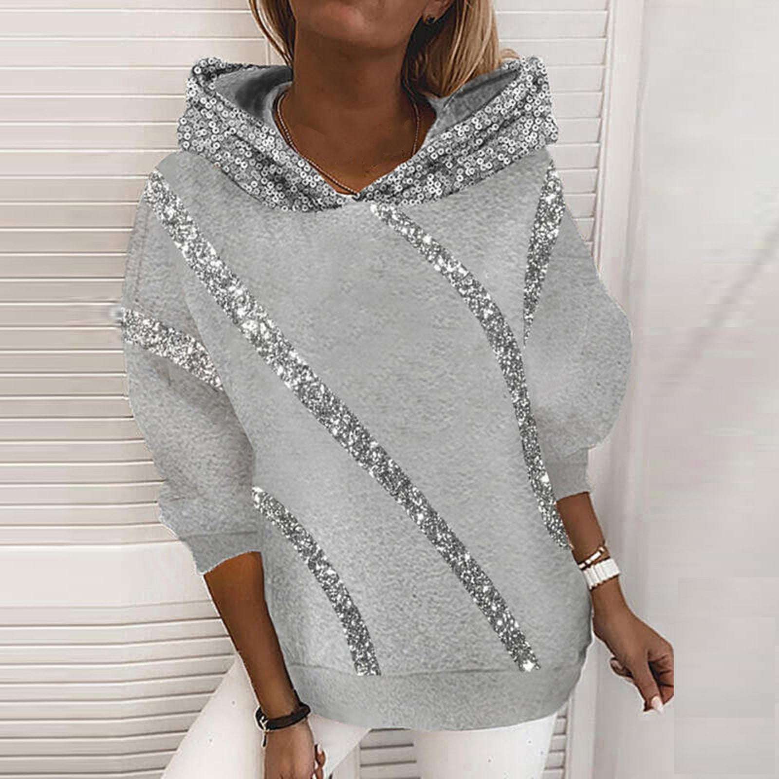 European And American Sequins Printed Loose Hooded Sweater Women