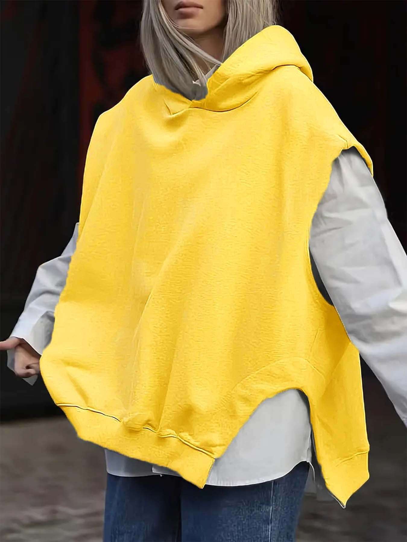 Women's Solid Color Style Loose Sleeveless Hooded Jacket Sweater - globaltradeleader