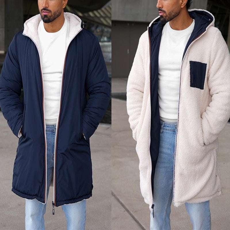 Double-sided Fall Winter Hooded Double-sided Zipper Coat Color Matching Warm Windbreaker Men's Coat - globaltradeleader