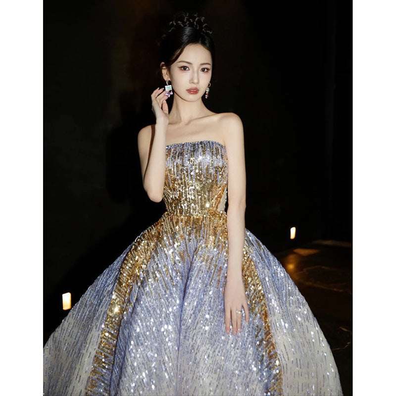 Purple Tube Top Light Miniature High-end Banquet Embossed Toast Dress - globaltradeleader