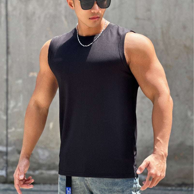Summer Workout Vest Exercise Sleeveless Round Neck Striped Quick-drying Breathable Basketball Running Training Clothing Men - globaltradeleader