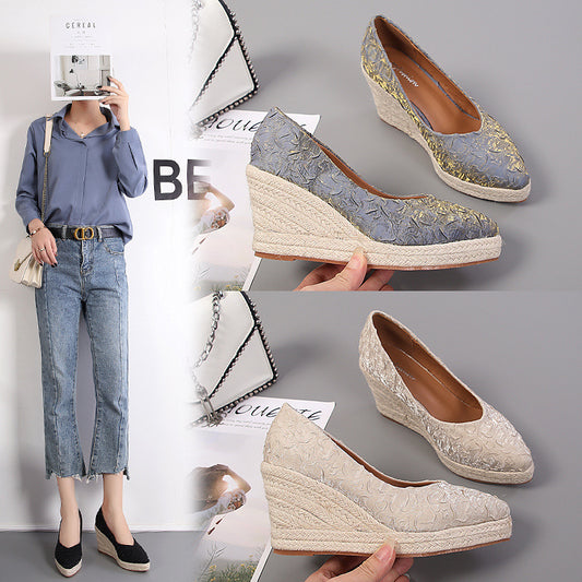 Women's Fashion Pointed-toe Low-cut High Heel Straw Woven Hemp Rope Bottom Shoes - globaltradeleader