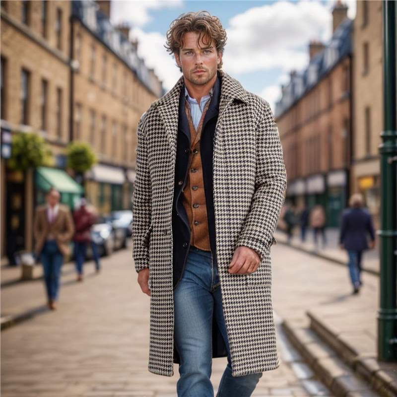 Men's Mid-length Woolen Coat Houndstooth Quilted - globaltradeleader