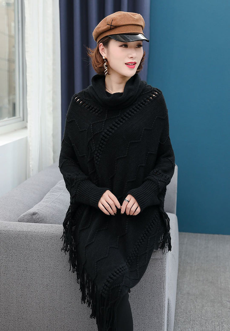 Autumn And Winter New Tassel Knitwear Shawl High Collar Warm Batwing Sleeve Pullover