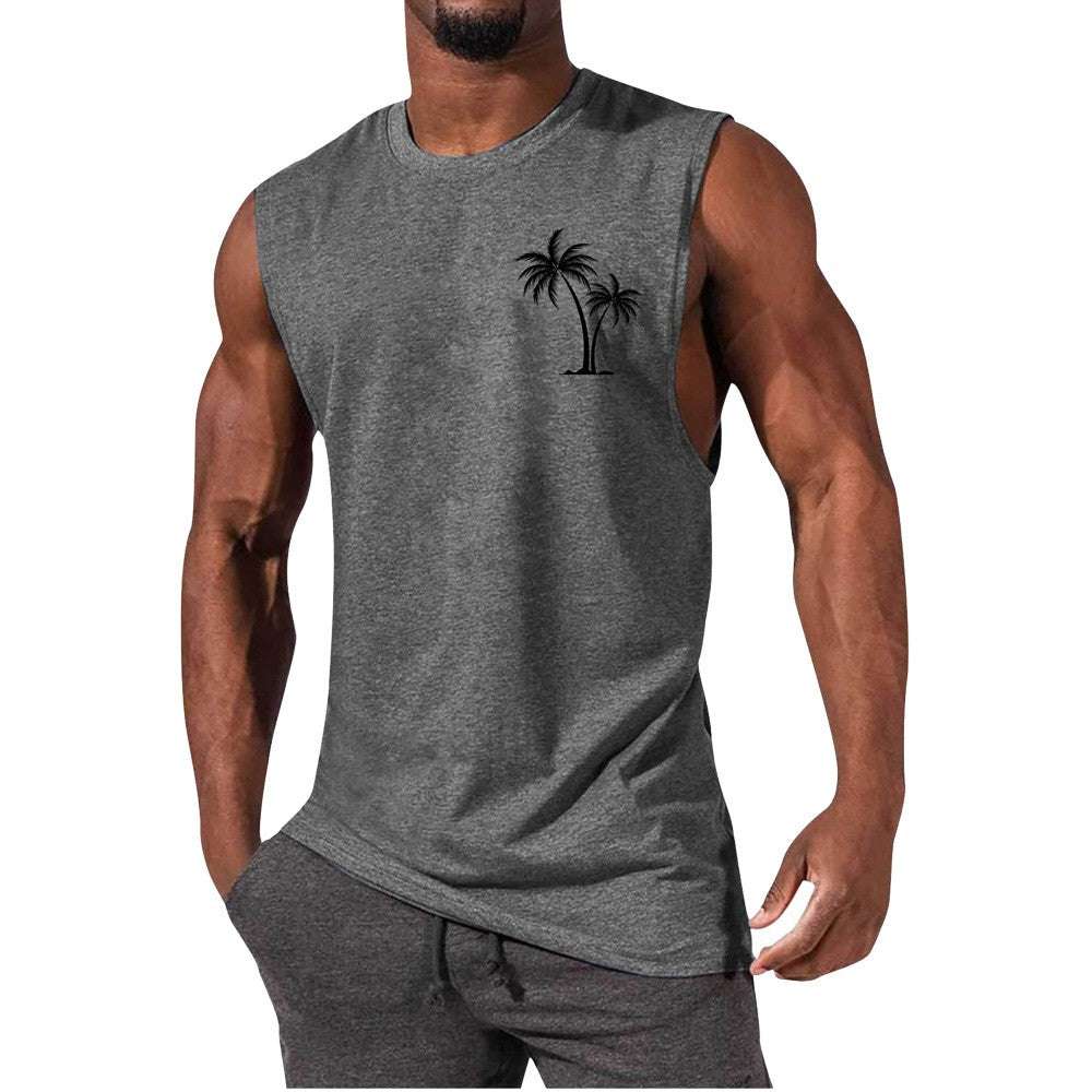 Coconut Tree Embroidery Vest Summer Beach Tank Tops Workout Muscle Men Sports Fitness T-shirt - globaltradeleader