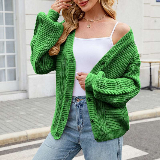 Women's Loose Long-sleeved V-neck Twisted Knitted Sweater Coat