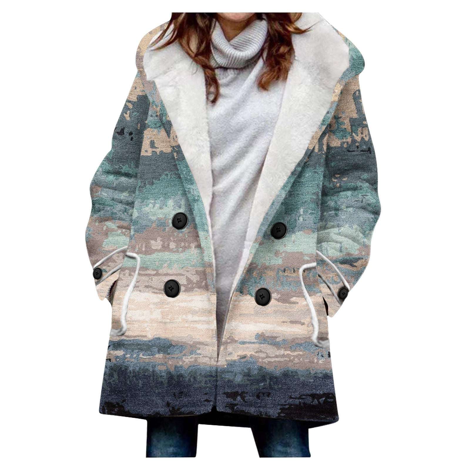 Women's Windbreaker Winter Thickened Imitation Lamb Stitching Floral Hooded - globaltradeleader