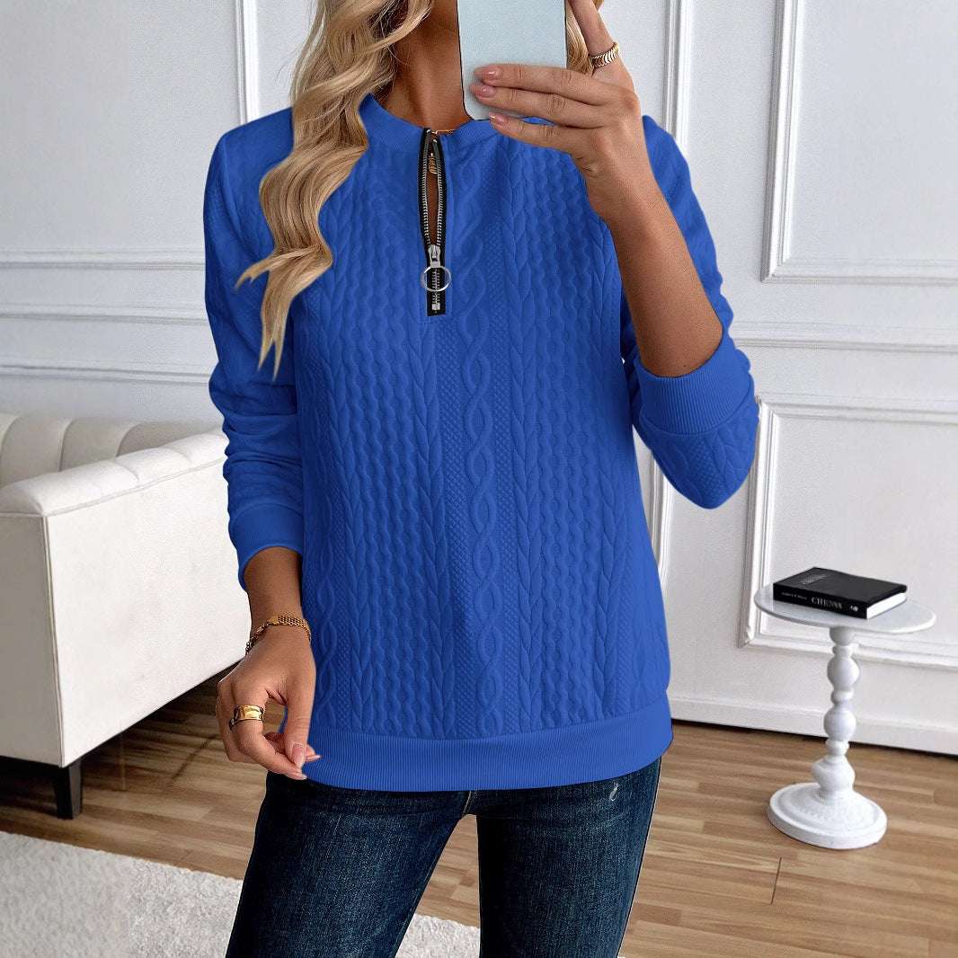 Women's Loose Casual Pullover Half Zipper Long Sleeve Solid Color Texture Round Neck Hoodie For Women - globaltradeleader