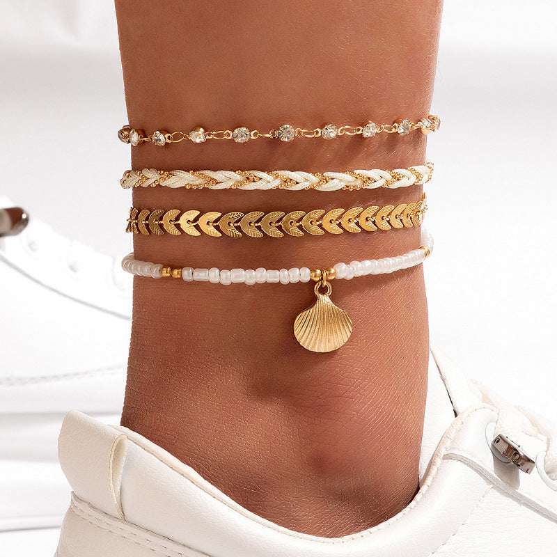 4pcs Set Bohemian Woven Rope Foot Chain For Men And Women Geometric Alloy Black Beads Dropping Oil Anklet Set Summer Fashion Jewelry - globaltradeleader