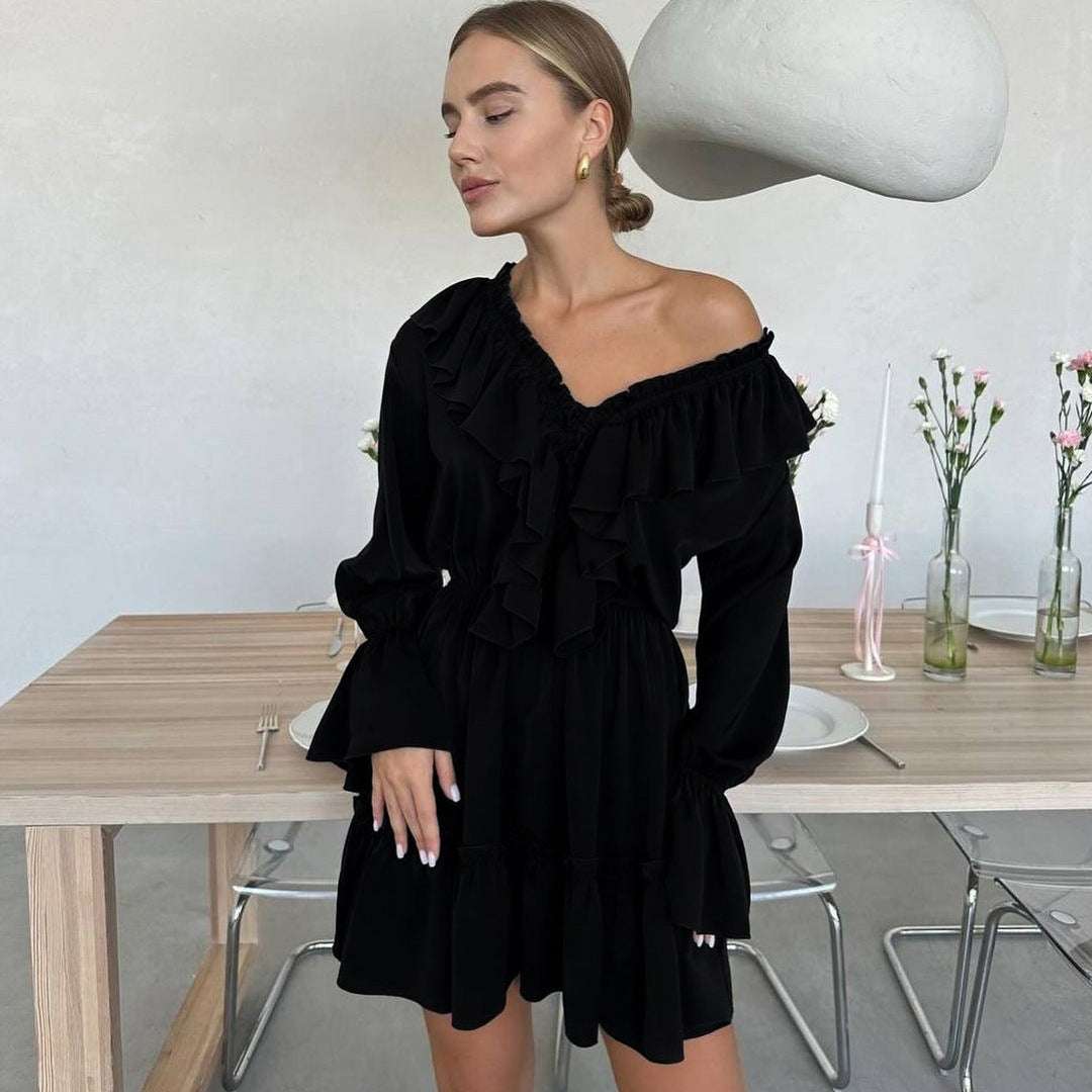 Fashion V Neck Pleated Ruffle Long Sleeve Dress Y2K V Neck Flared Sleeve Short Dress Women's Clothing - globaltradeleader