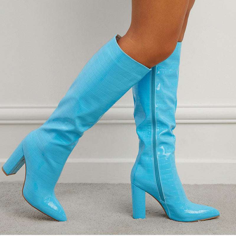 Fashion Boots Winter Pointed Toe High Square Heel Shoes With Side Zipper Mid-calf Boots Women - globaltradeleader