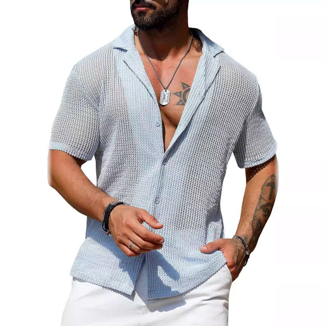 Men's Casual Shirt Fashionable Breathable Cardigan Short Sleeve Top - globaltradeleader